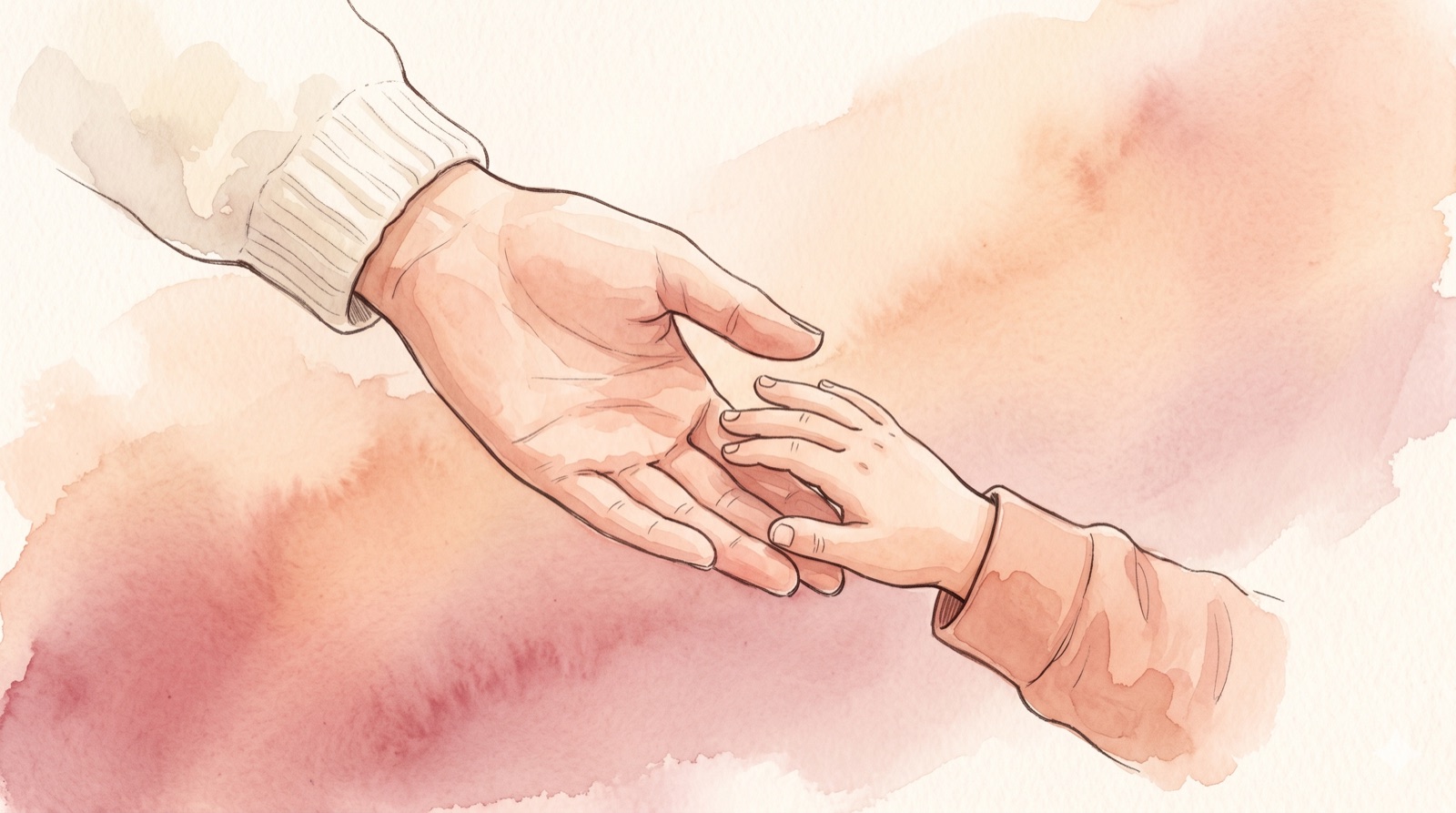 A parent's hand and a child's hand gently almost-touching, in soft warm watercolor