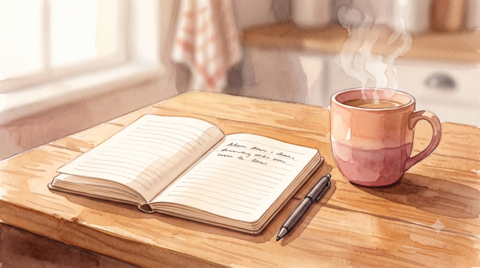 An open notebook with handwritten notes and a pen, beside a steaming mug on a warm wooden table in soft morning light