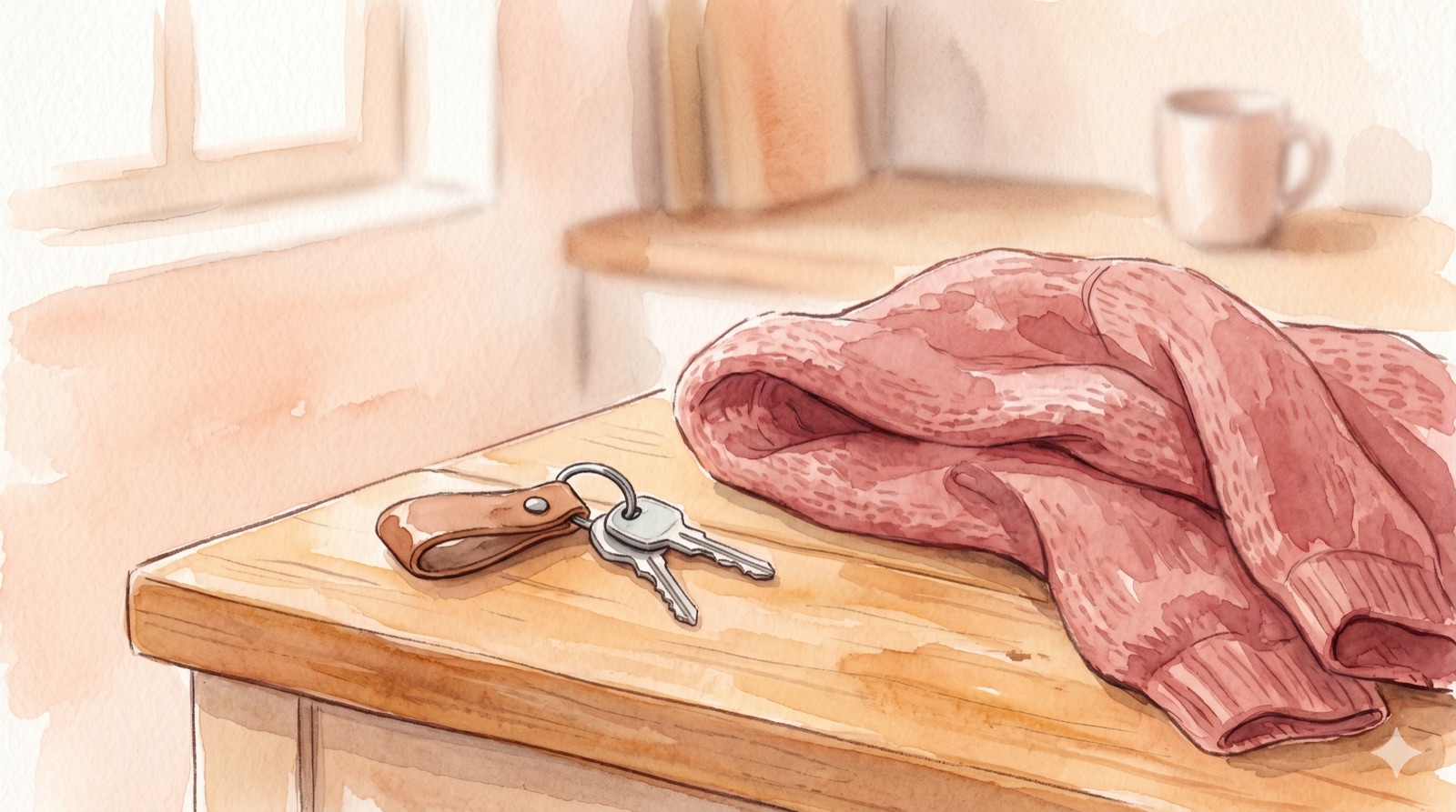 A set of car keys with a leather fob resting on a wooden kitchen counter beside a folded sweater, in soft morning light