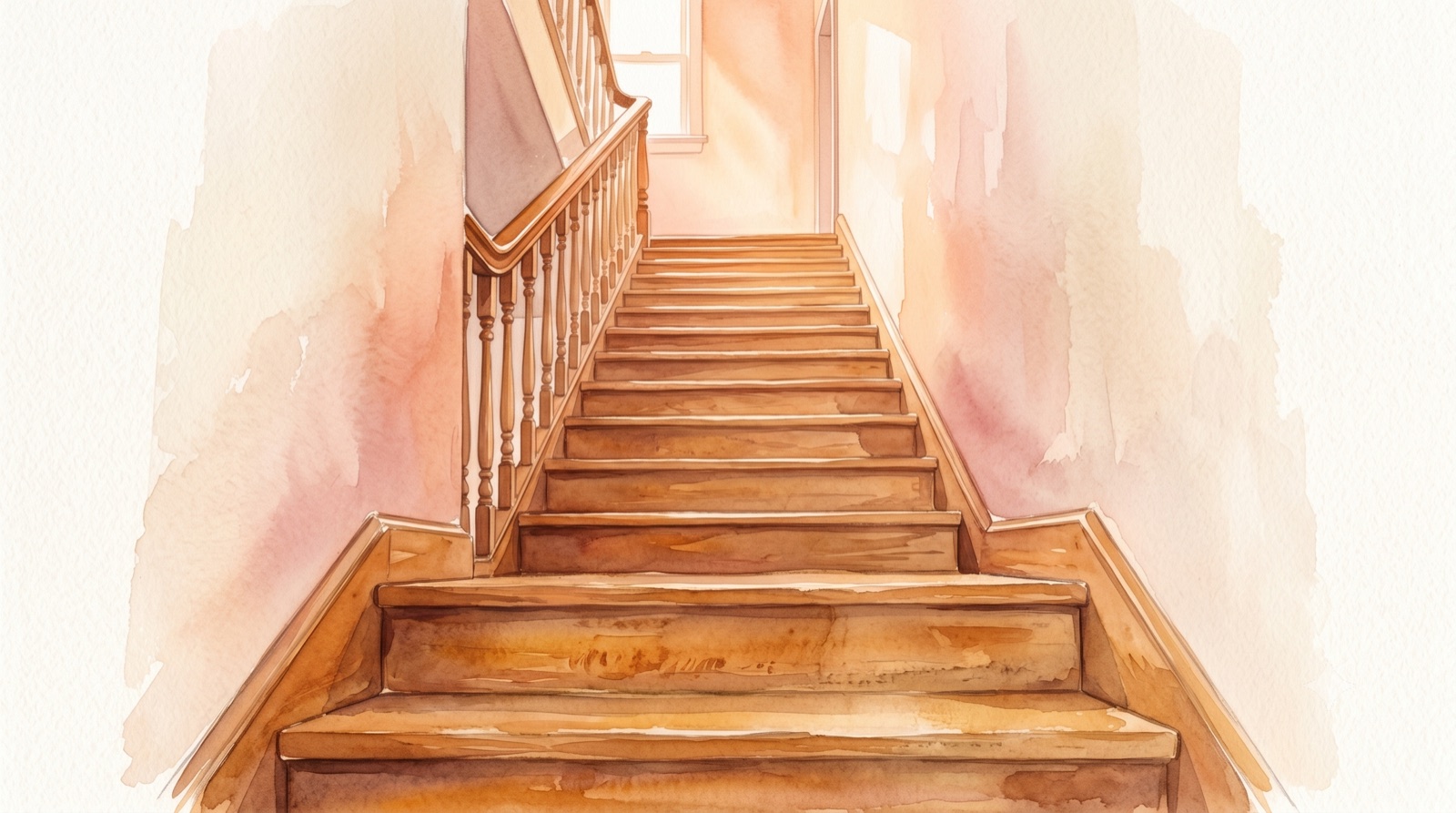 A warm wooden staircase rising into soft afternoon light, viewed from the bottom step