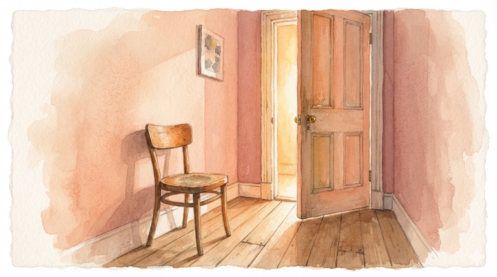 A watercolor illustration of an empty wooden chair in a warm hallway, angled toward a softly lit door left ajar