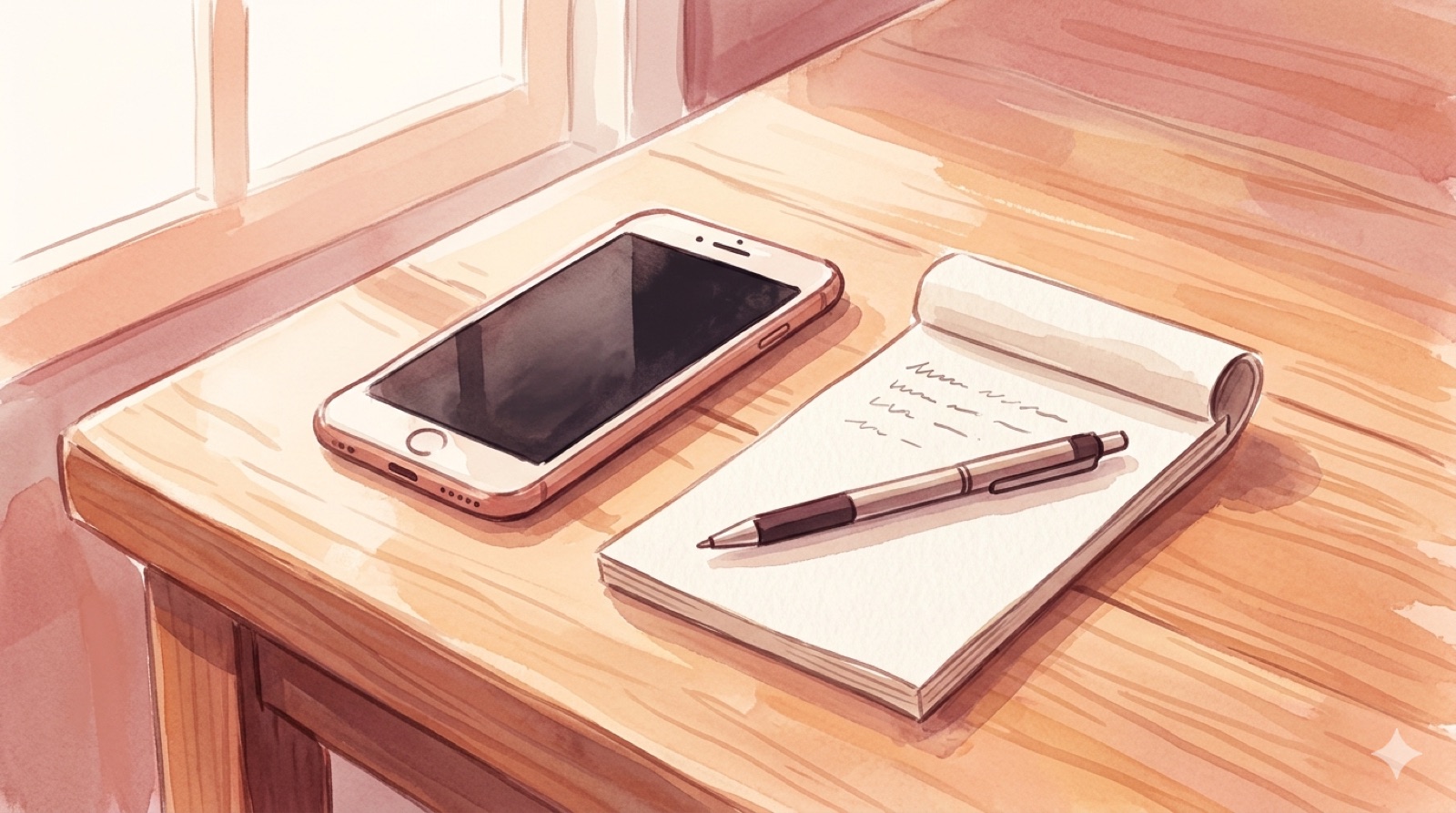 A phone resting face-up on a warm wooden table beside a small notepad with handwritten notes, soft morning light