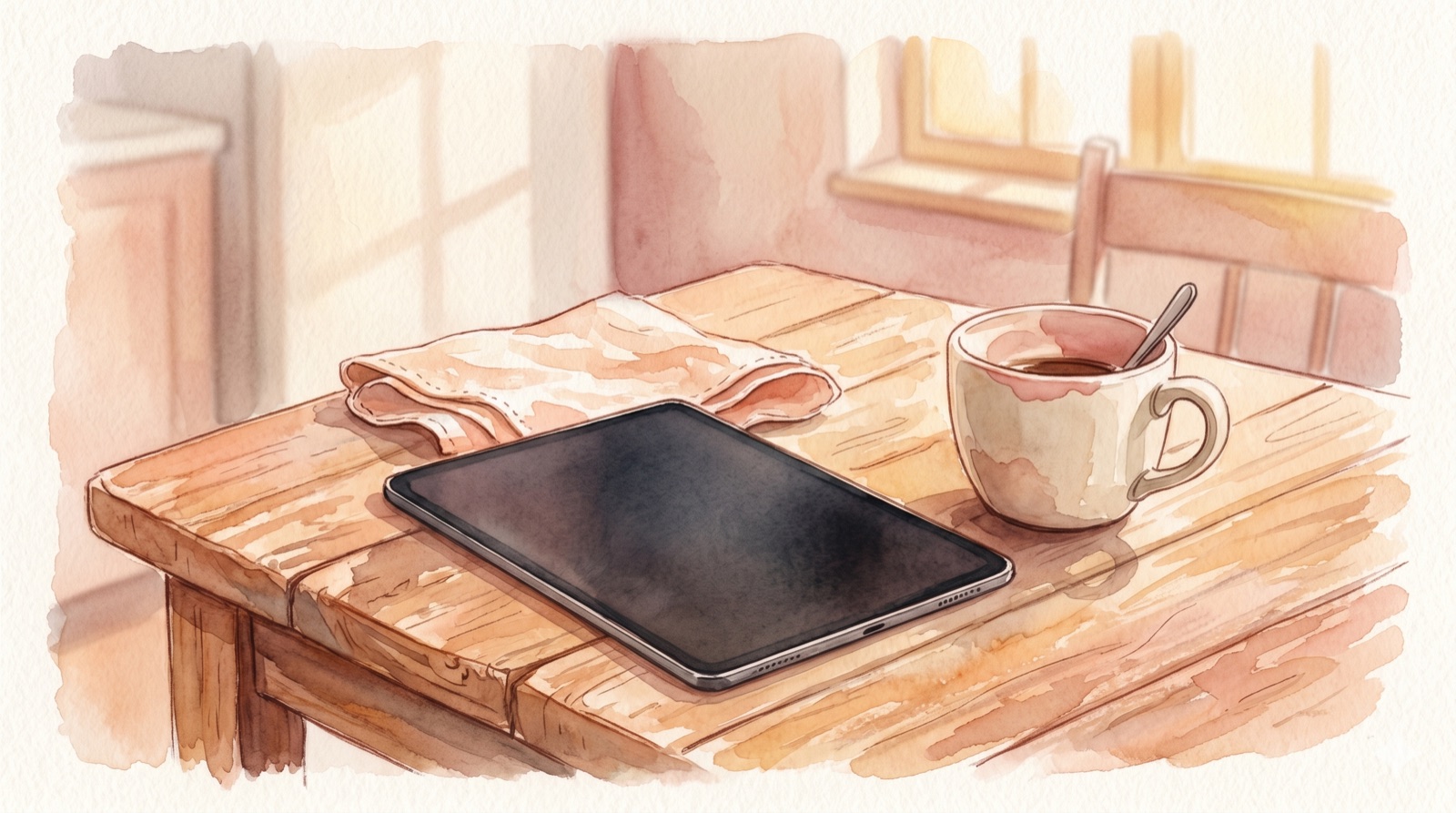 A dark, switched-off tablet resting on a warm wooden kitchen table beside a coffee cup, in soft natural light