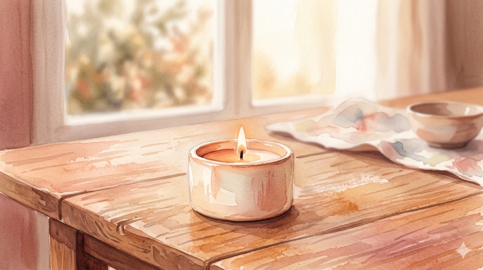 A single small lit candle in a holder on a warm wooden table, soft afternoon light