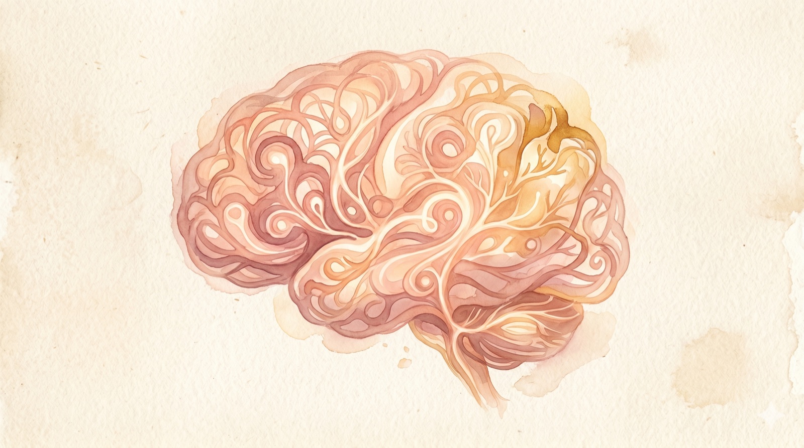 A soft watercolor illustration of a stylized brain in warm peach and rose tones on a cream background